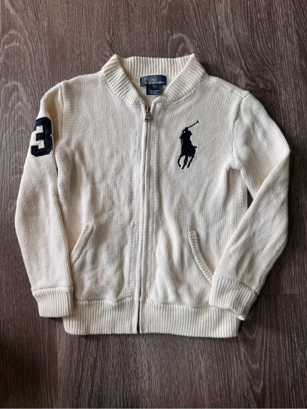Polo Ralph Lauren Boys Size 5 Full Zip Sweater Jacket Big Pony Cream Ivory